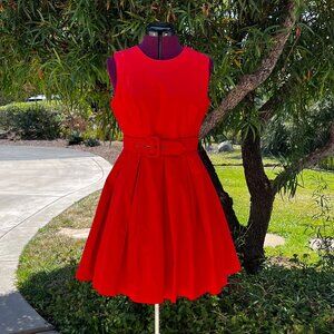 Fit and Flare Matte Red Dress with Belt Full Pleated Skirt sz 8